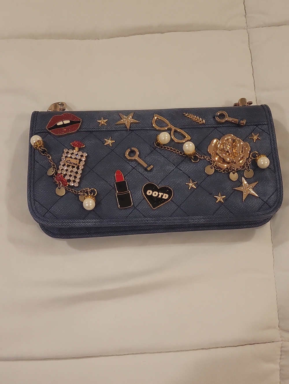 Aldo Navy Quilted Wallet with Gold Charms and Enamel Accents